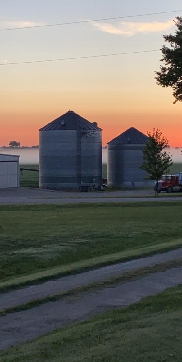 Grain silos at sunset